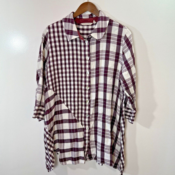 Soft Surroundings Women’s Plaid Blouse Size XL Burgundy Purple Cottage Cabincore - Picture 1 of 7